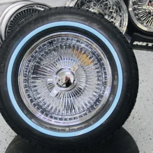 new 14×7″ deep dish all chrome 100 spoke lowrider wire wheel set (4) with whitewall tire package complete ready to install with 2 wing hardware